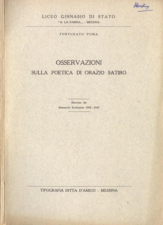 Osservazioni sulla poetica di Orazio satiro - Fortunato Puma - copertina
