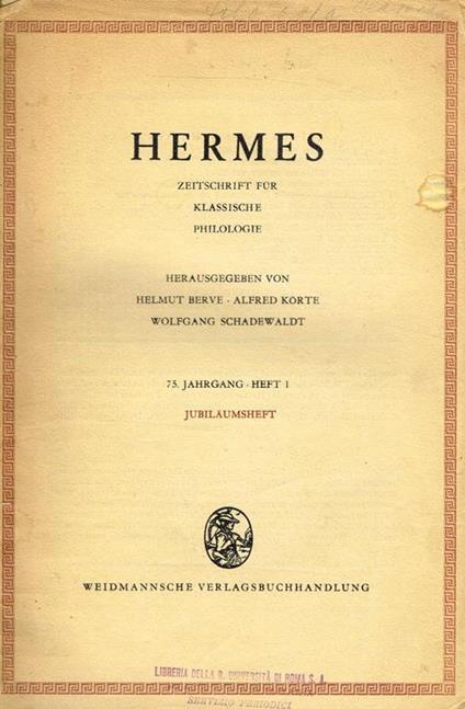Hermes Zeitschrift Klassische Philologie 75 Jahrgang Heft I. Jubilaumsheft - Helmut Berve - copertina