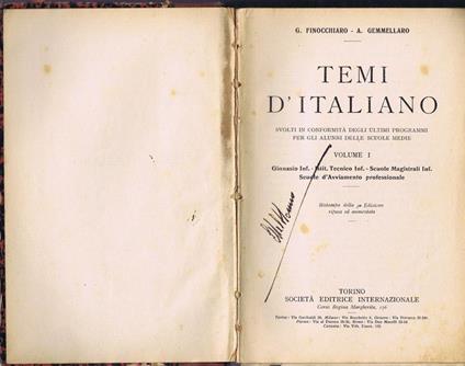Temi d'Italiano Svolti in Conformità degli Ultimi Programmi per gli Alunni delle Scuole Medie (Volume I) - copertina
