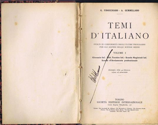 Temi d'Italiano Svolti in Conformità degli Ultimi Programmi per gli Alunni delle Scuole Medie (Volume I) - copertina
