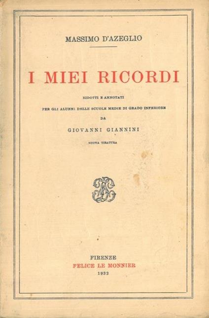I miei ricordi - Massimo D'Azeglio - copertina
