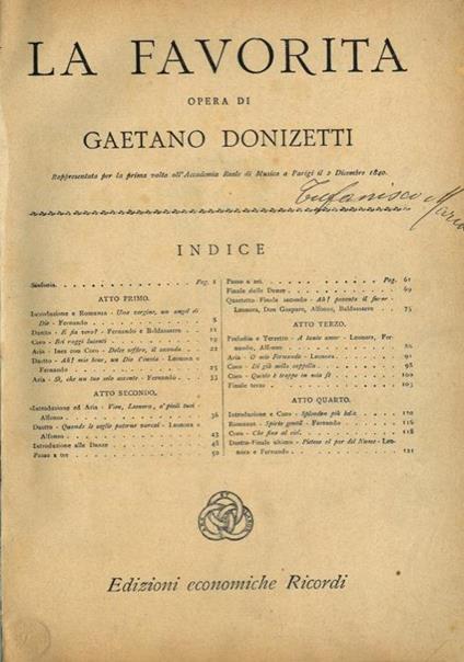 La favorita. Rappresentata per la prima volta all'Accademia Reale di Musica a Parigi il 2 Dicembre 1840 - Gaetano Donizetti - copertina