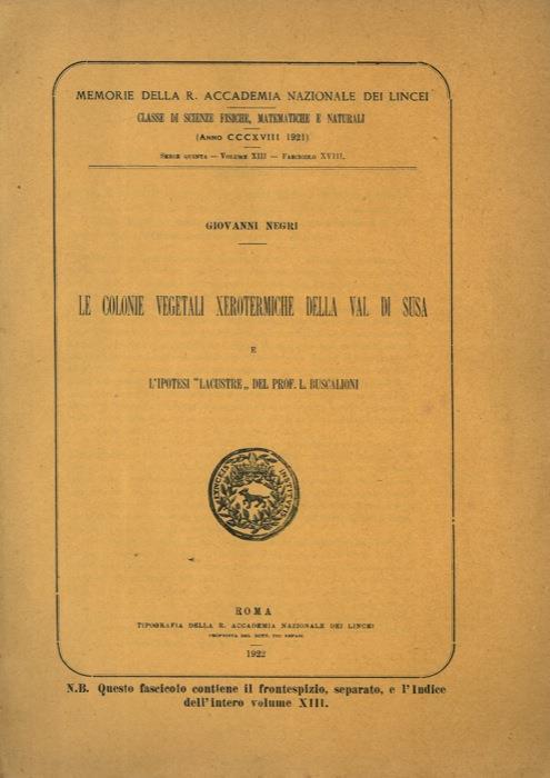 Le colonie vegetali xerotermiche della Val di Susa e l' ipotesi "lacustre" del Prof. L. Buscalioni - Giovanni Negri - copertina