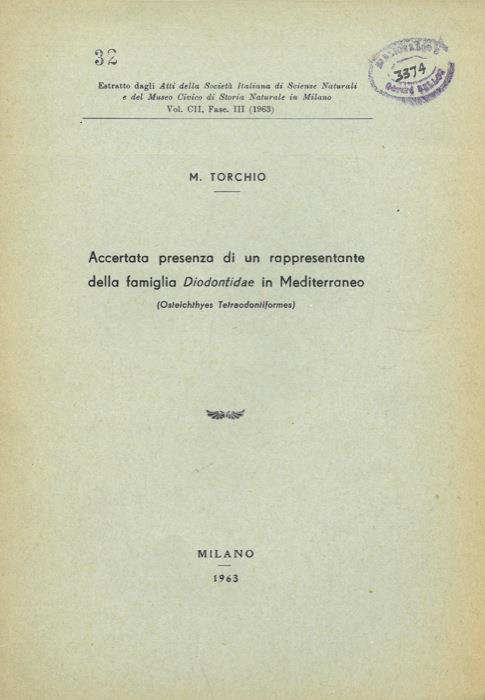 Accertata presenza di un rappresentante della famiglia Diodontiidae in Mediterraneo - Menico Torchio - copertina