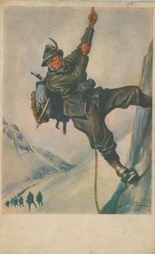 Alpino con zaino scala in cordata sul fondo. nella neve, una pattuglia - Vittorio Pisani - copertina