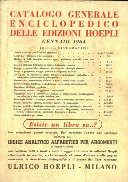 Catalogo generale enciclopedico delle edizioni Hoepli. Gennaio 1964 - copertina