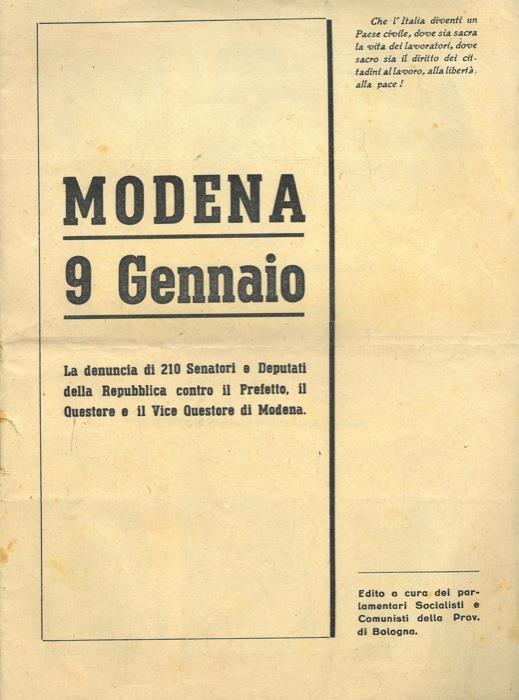 Modena 9 Gennaio. La denuncia di 210 Senatori e Deputati della Repubblica contro il Prefetto, il Questore e il Vice Questore di Modena - copertina