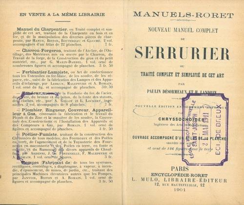 Nouveau manuel complet du serrurier ou traité complet et simplifié de cet art. Nouvelle edition entièrement refondue par Chryssochoidès - copertina