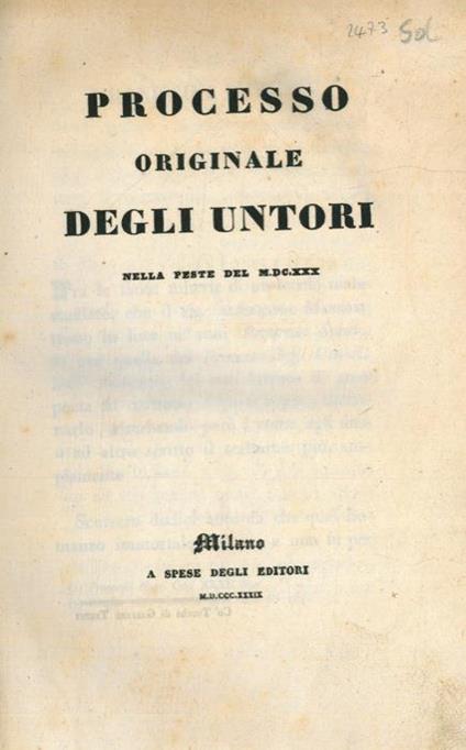 Processo originale degli untori nella peste del MDCXXX - copertina