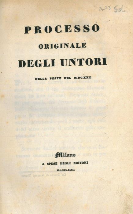 Processo originale degli untori nella peste del MDCXXX - copertina