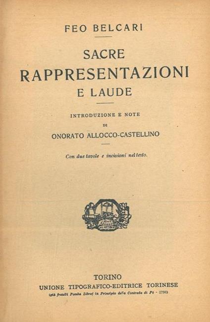 Sacre rappresentazioni e laude - Feo Belcari - copertina