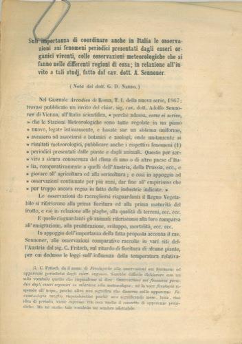 Sull'importanza di coordinare anche in Italia le osservazioni sui fenomeni periodici presentati dagli esseri organici viventi, colle osservazioni meteorologiche che si fanno nelle differenti regioni d'essa in relazione all'invito a tali studj, fatto - Giandomenico Nardo - copertina