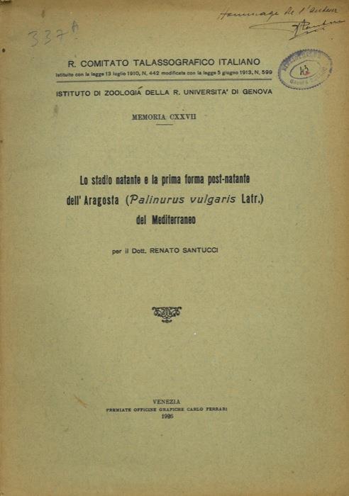 Lo stadio natante e la prima forma post-natante dell'Aragosta (Palinurus vulgaris Latr.) del Mediterraneo - Renato Santucci - copertina