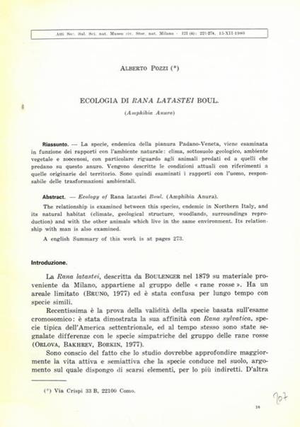 Ecologia di Rana latastei Boul. (Amphibia Anura) - Alberto Pozzi - copertina
