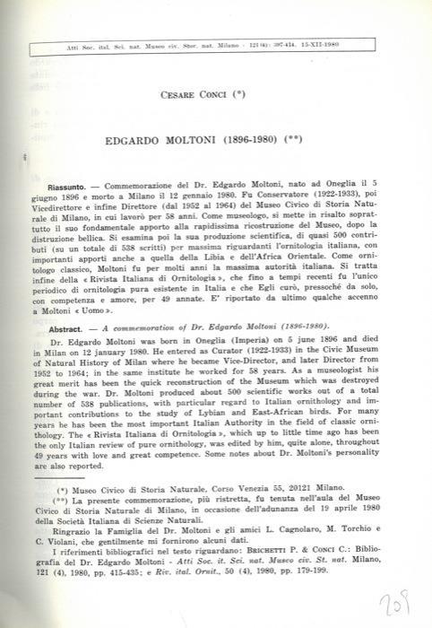 Edgardo Moltoni (1896. 1980) = Bibliografia del Dr. Edgardo Moltoni - Cesare Conci - copertina