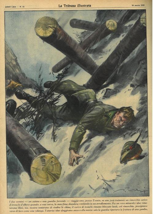 I due uomini - un autista e una guardia forestale - viaggiavano, presso Trento, su una jeep trainante un rimorchio carico di tronchi d'albero quando, a una curva, la macchina sbandava.. - Vittorio Pisani - copertina