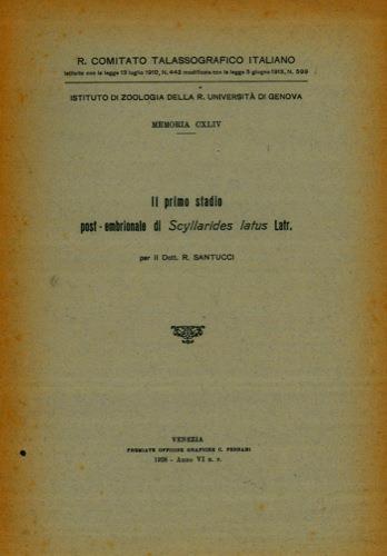 Il primo stadio post-embrionale di Scyllarides latus Latr - Renato Santucci - copertina