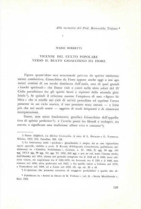 Vicende del culto popolare verso il Beato Gioacchino da Fiore - Mario Borretti - copertina