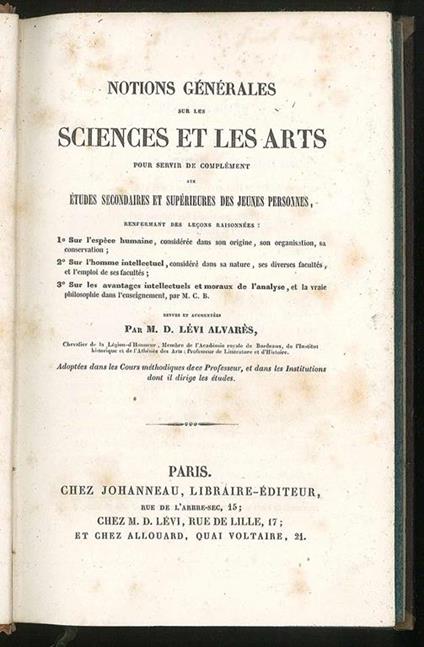 Notions generales sur les sciences et les arts - Levi Alvares - copertina