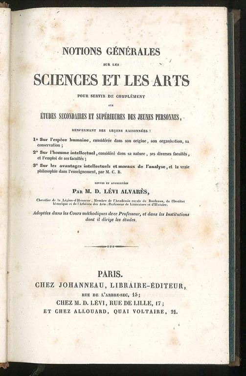 Notions generales sur les sciences et les arts - Levi Alvares - copertina