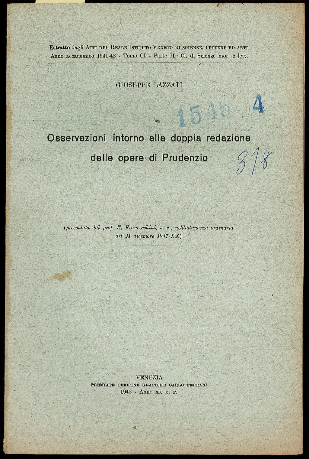 Osservazioni intorno alla doppia redazione delle opere di Prudenzio