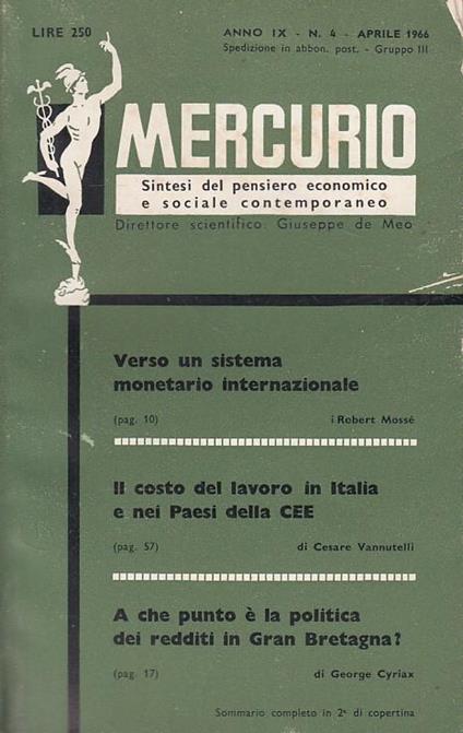 Mercurio Anno Ix N.4 Sintesi Del Pensiero Economico E Sociale Contemporaneo - Giuseppe De Meo - copertina