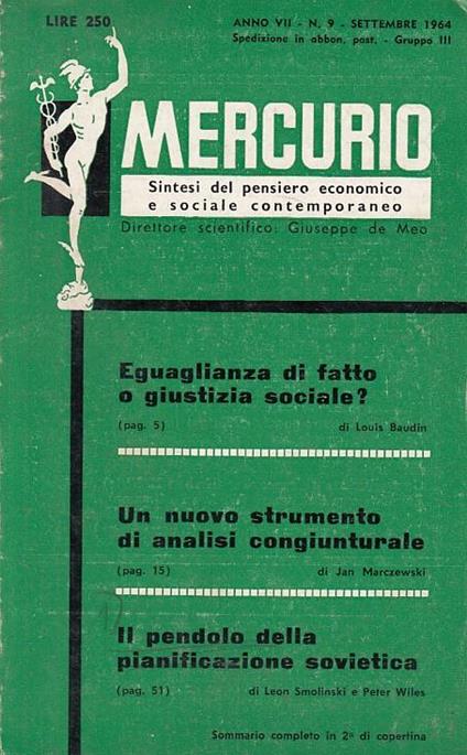 Mercurio Anno Vii N.9 Sintesi Del Pensiero Economico E Sociale Contemporaneo - Giuseppe De Meo - copertina