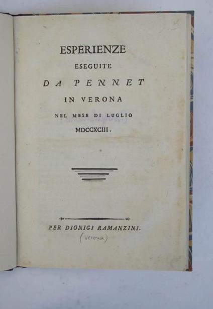 Esperienze eseguite da Pennet in Verona nel mese di luglio 1793 - G. Battista Gazola - copertina