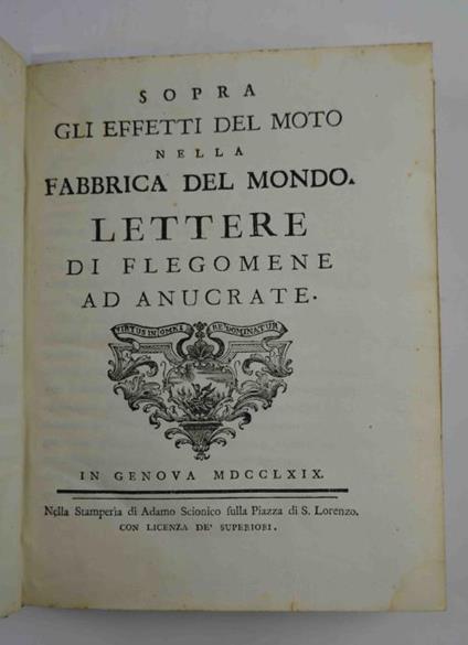 Sopra gli effetti del moto nella fabrica del mondo. Lettere di Flegomene ad Anucrate - copertina