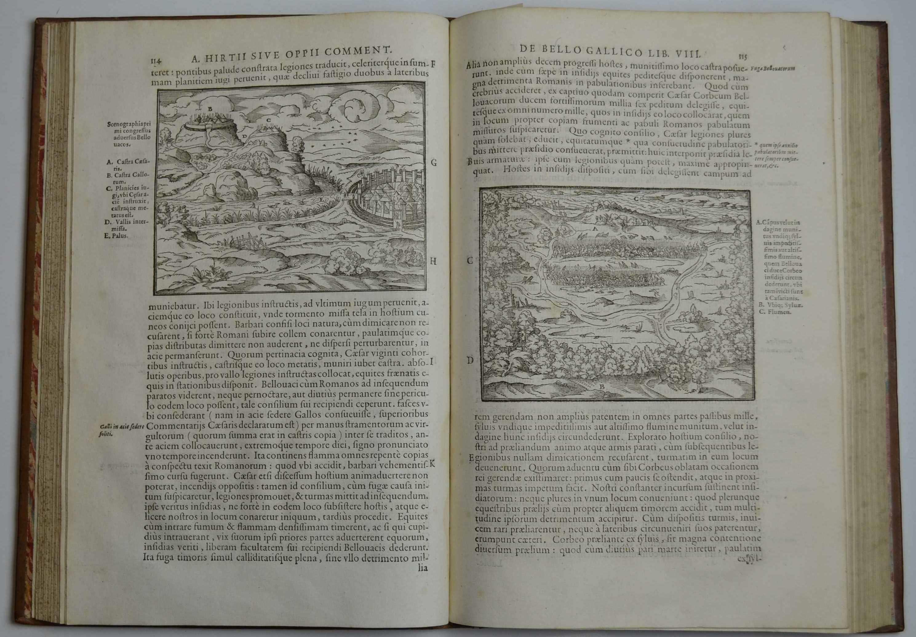 Rerum Gestarum. Commentarii XIV. Nempe: C. Iulii Caes. de Bello Gallico, Comm. VII. A. Hirtii de Eodem, Liber I. C. Iul. Caes. de Bel. Civ. Pompeiano, Comm. III. A. Hirtii de Bel Alexandrino, Liber I. De Bello Africano, Liber I. De Bello Hispanico, L