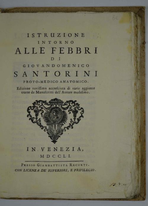 Istruzioni intorno alle febbri Edizione novissima accresciuta di varie aggiunte tratte da Manoscritti dell'Autore medesimo - Giovandomenico Santorini - copertina