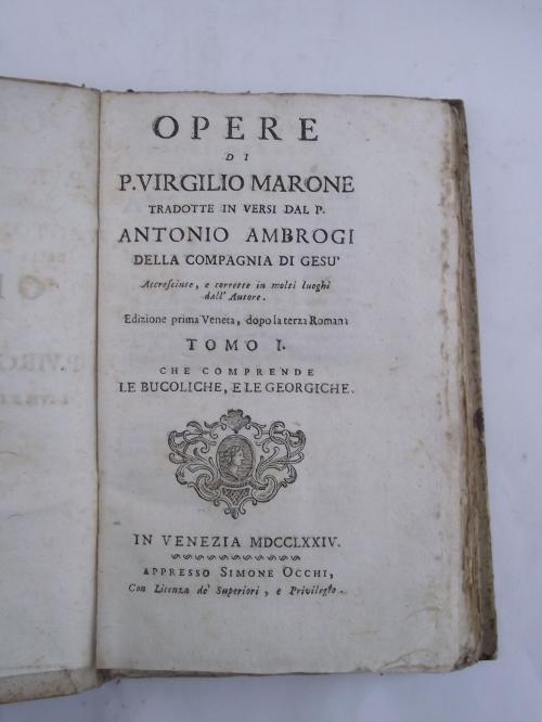 Opere tradotte in versi dal P. Antonio Ambrogi della Compagnia di Gesù, accresciute e corrette in molti luoghi dall'Autore. Edizione prima Veneta, dopo la terza Romana - Publio Virgilio Marone - copertina