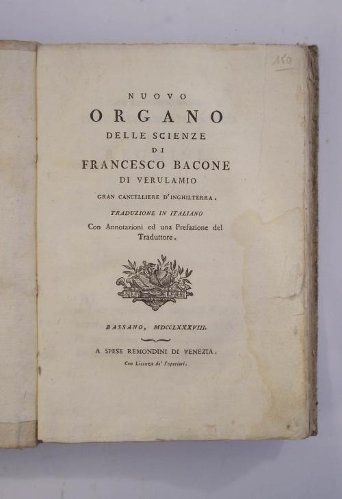 Nuovo Organo delle Scienze di Francesco Bacone di Verulamio. Traduzione in italiano con Annotazioni ed una Prefazione del Traduttore - Francis Bacon - copertina