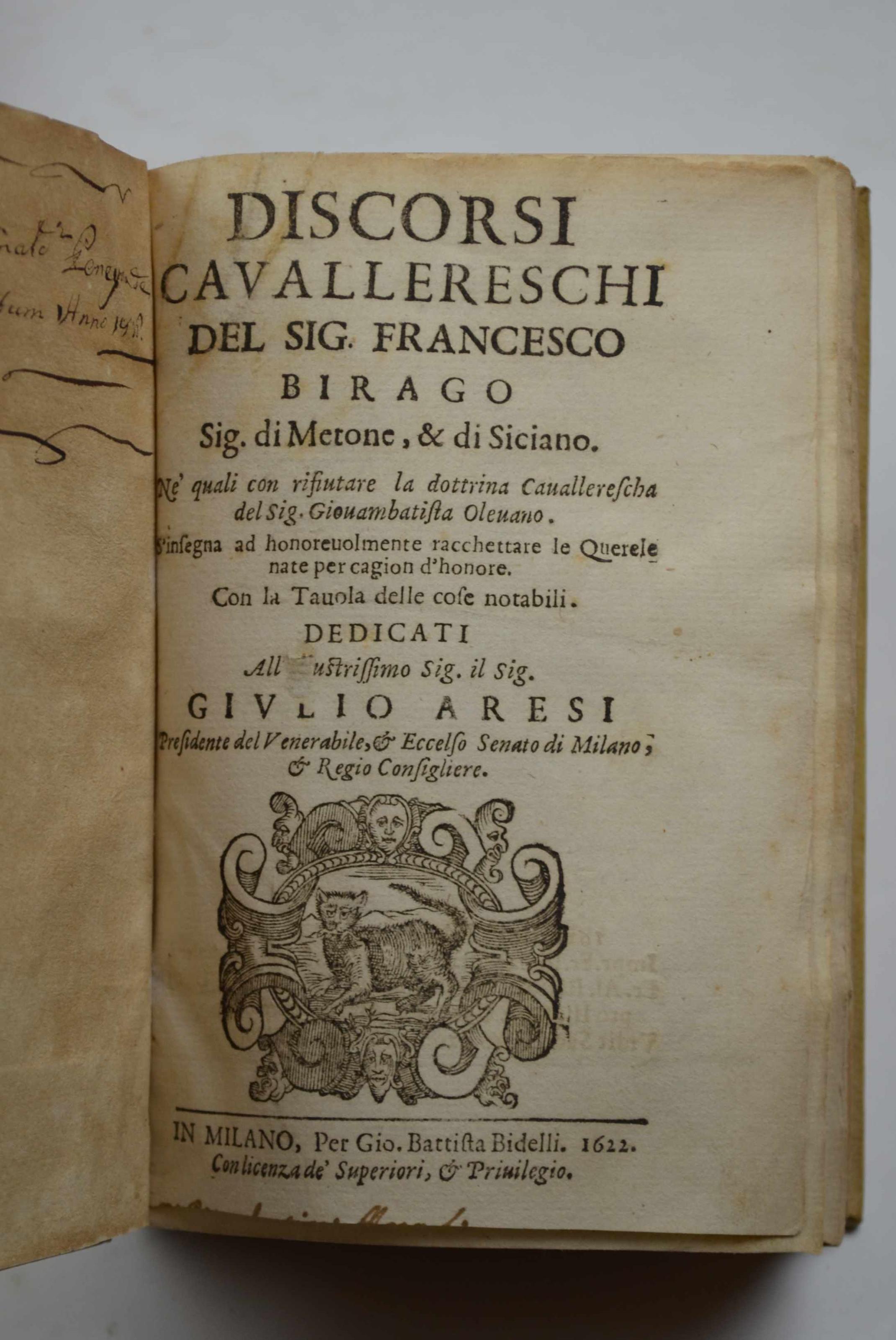 Discorsi cavallereschi. Ne' quali con rifiutare la dottrina Cavallerescha del sig. Giovambattista Olevano, s'insegna ad honorevolmente racchettare le Querele, nate per cagion d'honore
