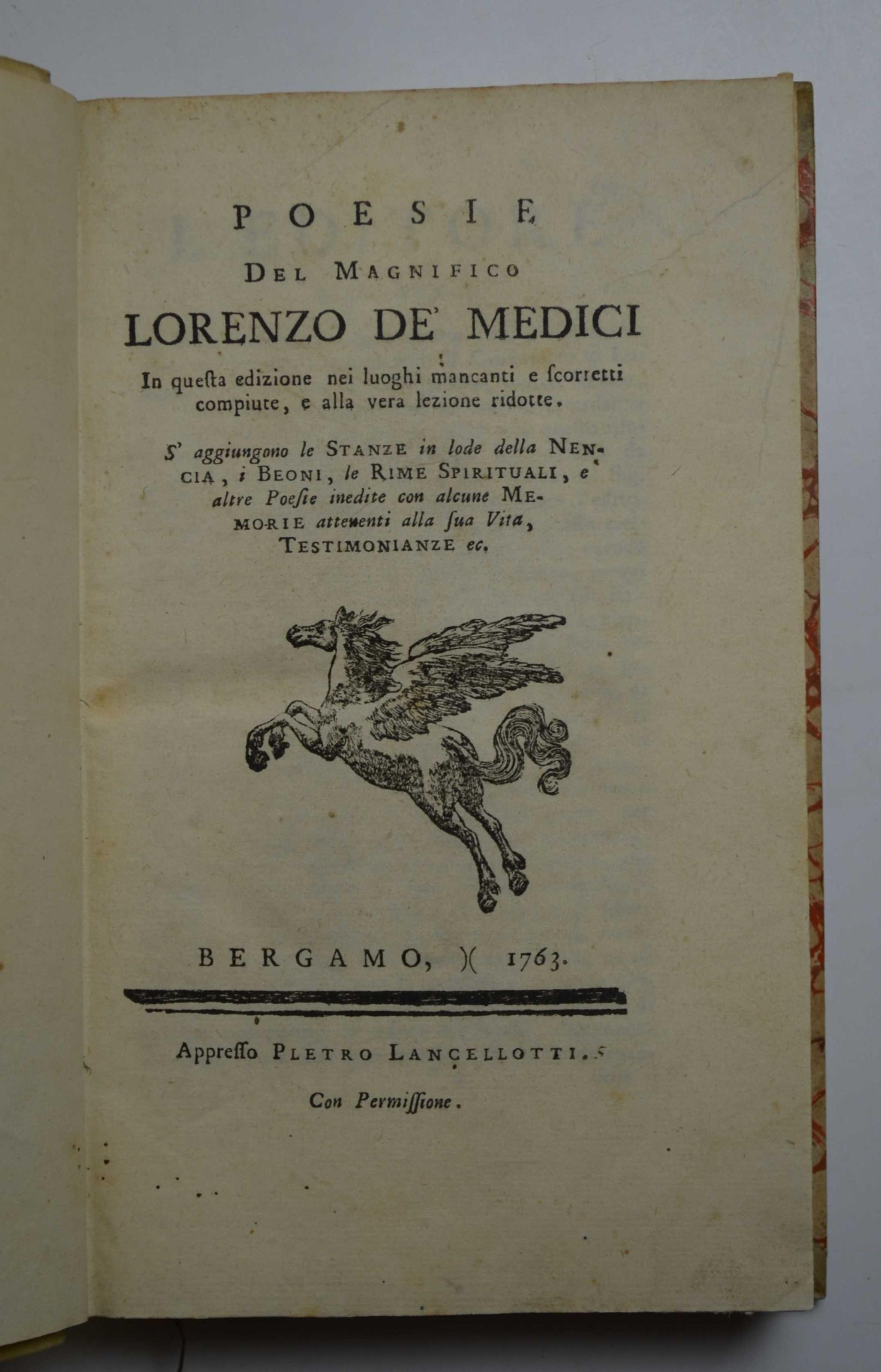Poesie in questa edizione nei luoghi mancanti e scorretti compite, e alla vera lezione ridotte. S'aggiungono le Stanze della Nancia, i Beoni, le Rime Spirituali, e altre Prose inedite con alcune Memorie attenenti all sua Vita, Testimonianze, ec