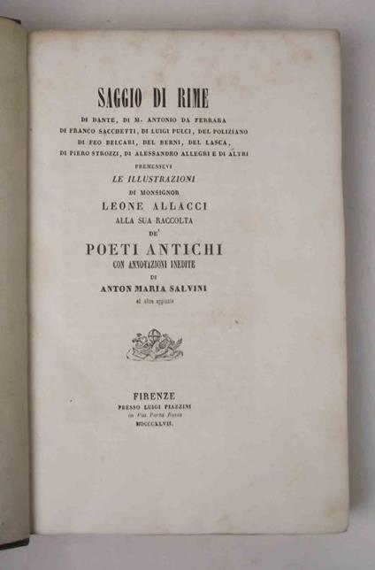 Saggio di rime di Dante, di M. Antonio da Ferrara… Premessavi le illustrazioni di Monsognor Leone Allacci alla sua raccolta de' Poeti antichi con annotazioni inedite di Anton Maria Salvini ed altre aggiunte - copertina
