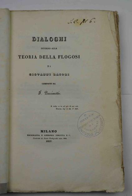 Dialoghi intorno alla teoria della flogosi di Giovanni Rasori composti da F. Puccinelli - Francesco Puccinotti - copertina
