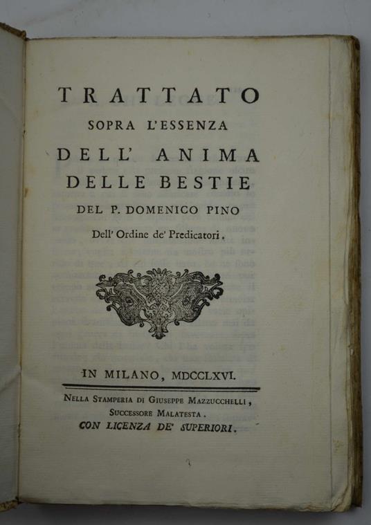 Trattato sopra l'essenza dell'anima delle bestie.. - Domenico Pino - copertina