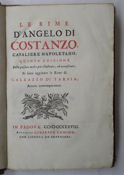 Le Rime Quinta edizione Delle passate molto più illustrata, ed accresciuta. Si sono aggiunte le Rime di Galeazzo di Tarsia, Autore contemporaneo - Di Costanzo Angelo - copertina