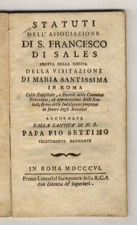 Statuti dell'Associazione di S. Francesco di Sales, eretta nella Chiesa della Visitazione di Maria Santissima in Roma - copertina