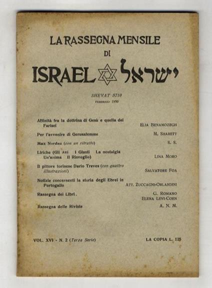 RASSEGNA (LA) mensile di Israel. Vol. XVI. N. 2 (Terza serie). Shevat 5710. Febbraio 1950 - copertina