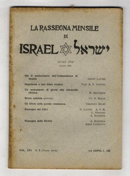 RASSEGNA (LA) mensile di Israel. Vol. XVI. N. 5 (Terza serie). Sivan 5710. Maggio 1950 - copertina