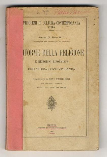 Forme della religione e religioni riformiste dell'epoca contemporanea. Traduzione di Gino Tamburini. Con prefazione e appendice del can. dott. Giovanni Rampa - copertina