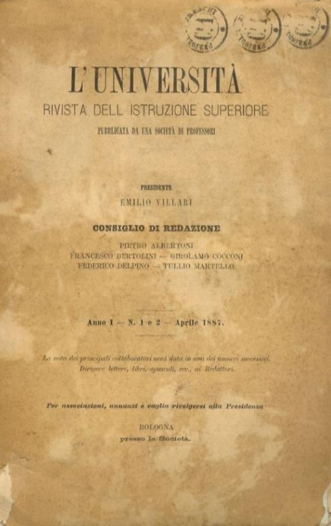 UNIVERSITÀ (L'). Rivista dell'istruzione superiore. Pubblicata da una società di professori. Anno I. N. 1 e 2. Aprile 1887 - copertina