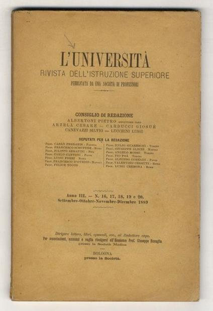 UNIVERSITÀ (L'). Rivista dell'istruzione superiore. Pubblicata da una società di professori. Anno III. N. 16, 17, 18, 19 e 20. Settembre-ottobre-novembre-dicembre 1889 - copertina