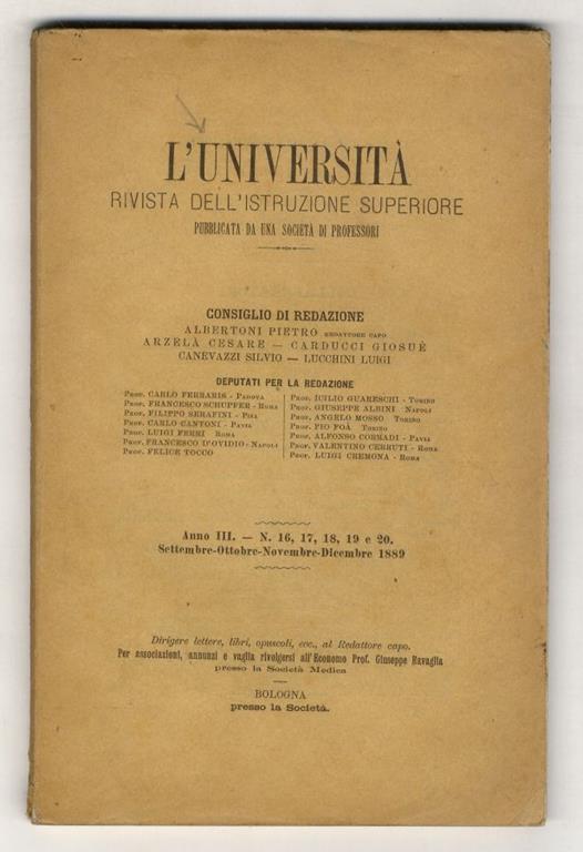 UNIVERSITÀ (L'). Rivista dell'istruzione superiore. Pubblicata da una società di professori. Anno III. N. 16, 17, 18, 19 e 20. Settembre-ottobre-novembre-dicembre 1889 - copertina