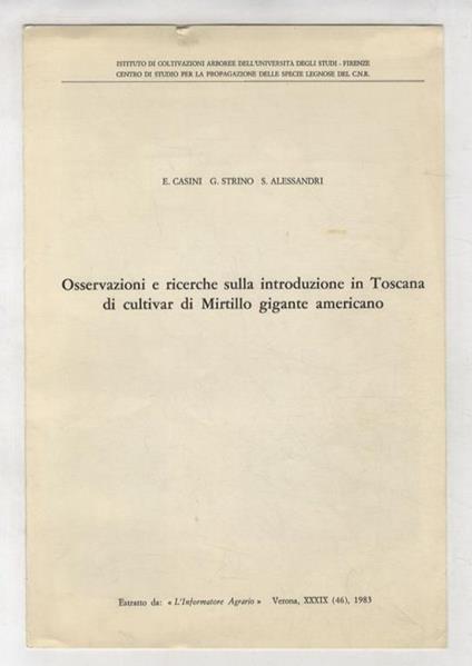 Osservazioni e ricerche sulla introduzione Toscana di cultivar di mirtillo gigane americano - copertina