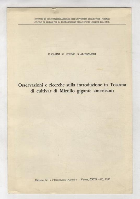 Osservazioni e ricerche sulla introduzione Toscana di cultivar di mirtillo gigane americano - copertina