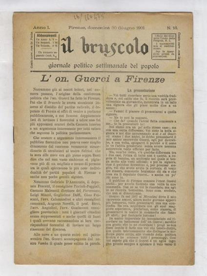 BRUSCOLO (IL). Giornale politico settimanale del popolo. Anno I. N. 18. Domenica 30 giugno 1901 - copertina