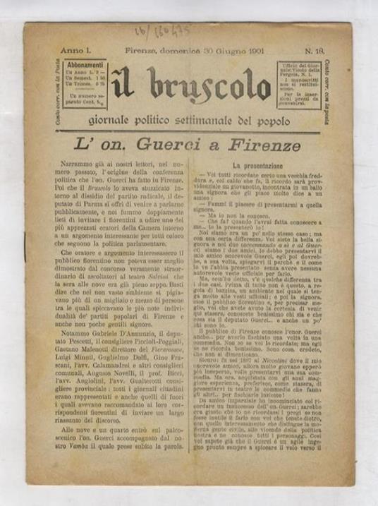 BRUSCOLO (IL). Giornale politico settimanale del popolo. Anno I. N. 18. Domenica 30 giugno 1901 - copertina